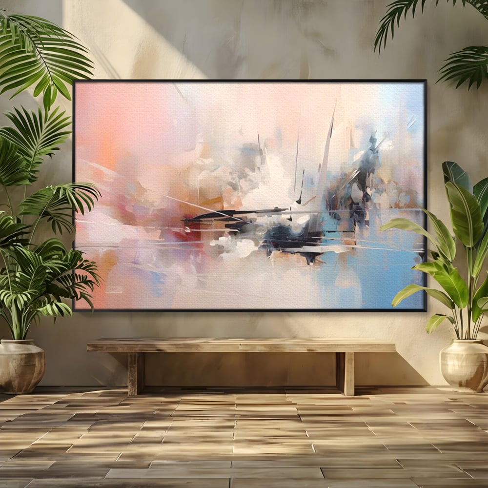 Tablou canvas cu pictura abstracta cu linii si pete pastel, in rama de aluminiu negru